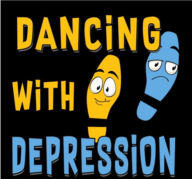 Dancing with Depression Logo in Yellow and Blue with title and two shoeprints.