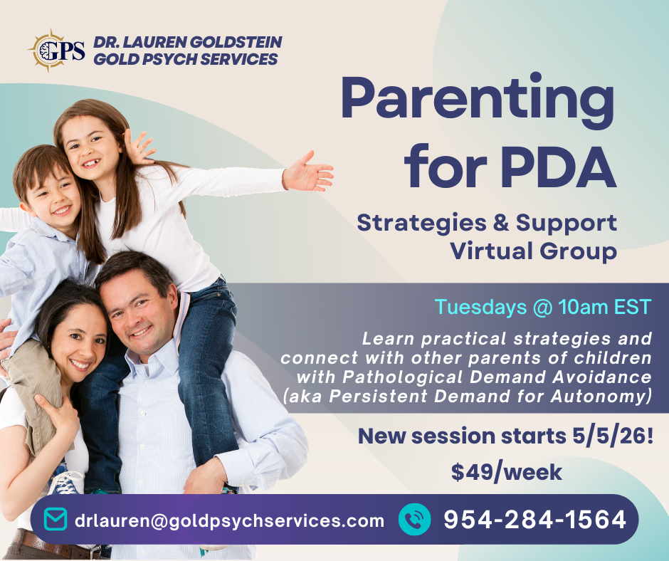 Parenting for PDA group program information with happy family and group details.