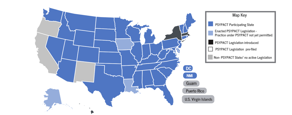 Map of U.S. depicting PSYPACT states.