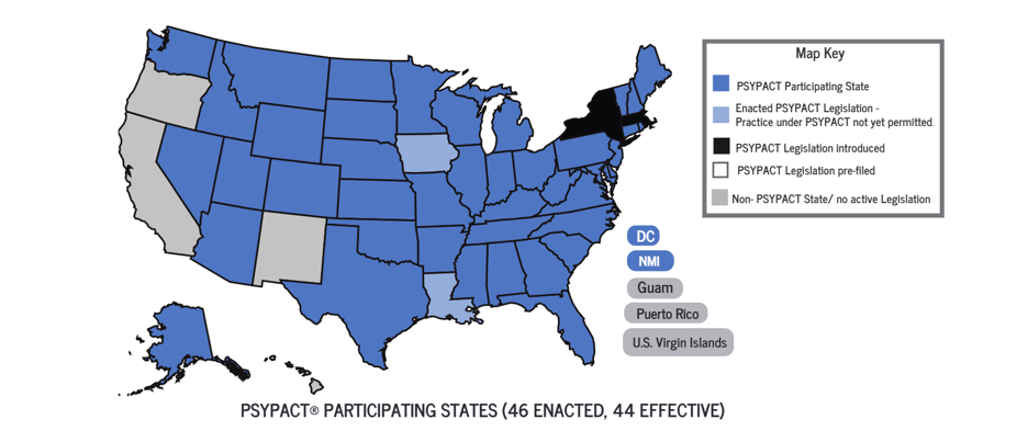 Map of U.S. depicting PSYPACT states.